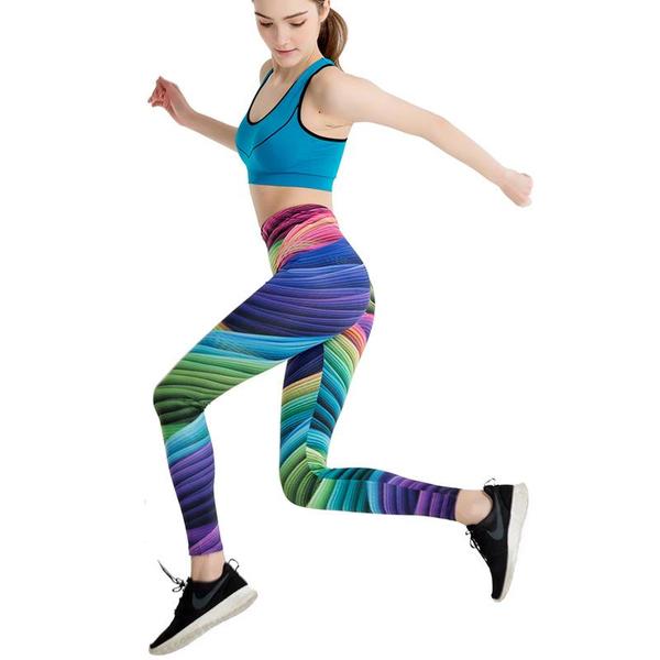 Polyester, spandex, full length, women's, rainbow yoga leggings, elastic high waist. These won't last.